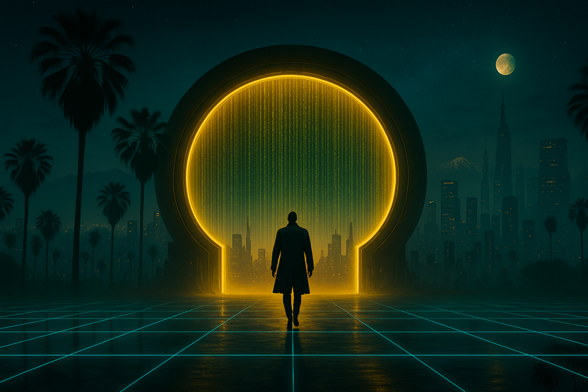 Neon grid skyline backdrop