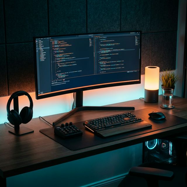 A highly aesthetic, glowing desk setup for vibecoding